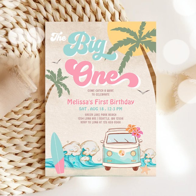 Pink Mint The Big One Surfing 1st Birthday Invitation (Creator Uploaded)
