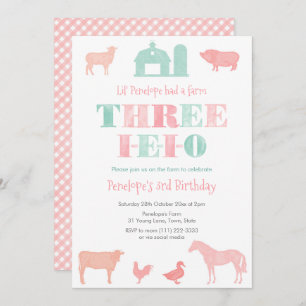 Pink Mint THREE-IEIO Girl 3rd Birthday Party Invitation