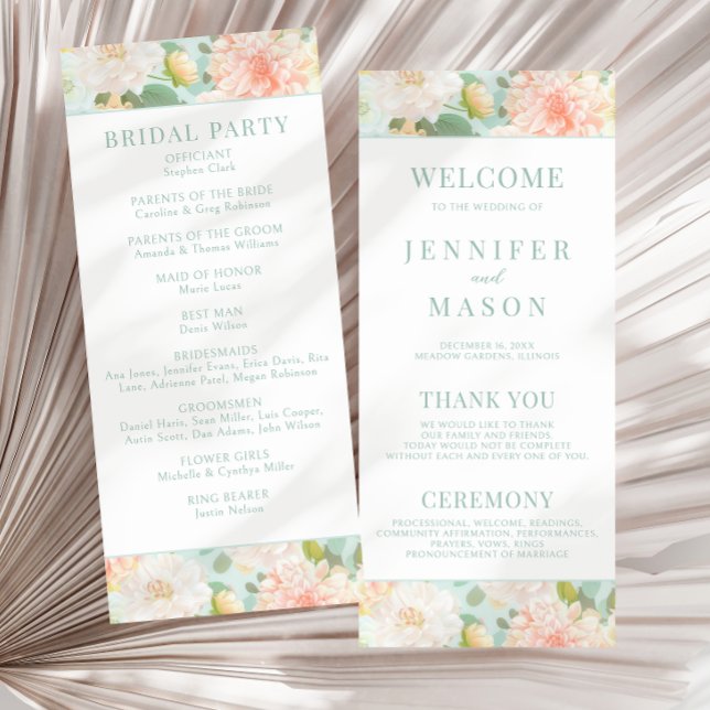 Pink Mint Tiel Floral Boho Wedding Program Cards (Creator Uploaded)