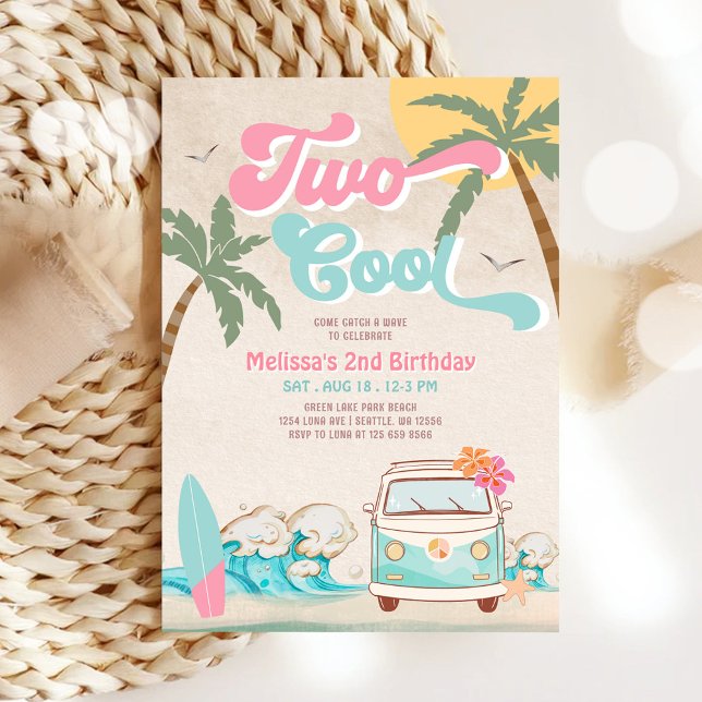 Pink Mint Two Cool Surfing 2nd Birthday Invitation (Creator Uploaded)