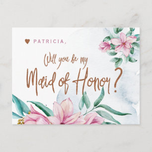 Pink mint watercolor will you be my maid of honour postcard