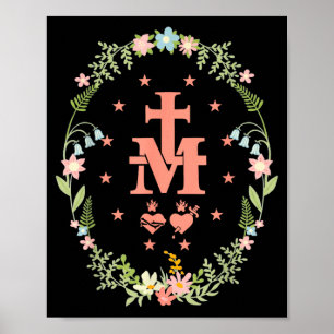 Pink Miraculous Medal Bouquet Catholic Cross Poster