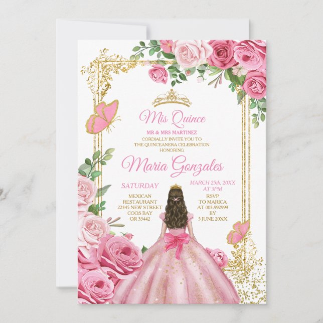 Pink Mis Quince 15 Anos Butterfly Gold Crown Invitation (Front)