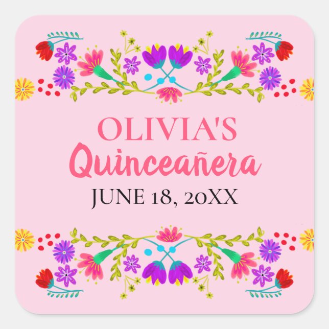 Pink Mis Quince Anos Mexican Fiesta Floral Square Sticker (Front)