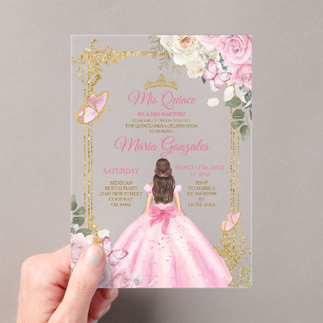 Pink Mis Quince Crown Gold Quinceañera Butterfly Acrylic Invitations (Insitu (Handheld))