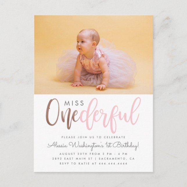 Pink Miss Onederful Script Photo 1st Birthday Invitation Postcard (Front)