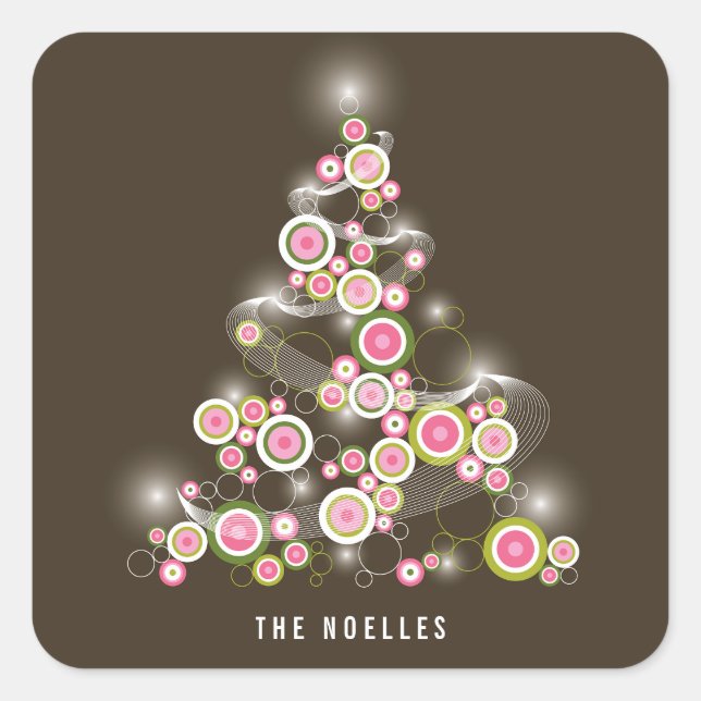 Pink Mod Circles Sparkling Abstract Christmas Tree Square Sticker (Front)