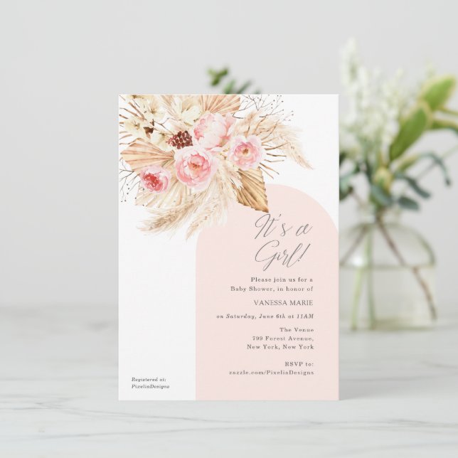 pink modern arch its a girl boho floral pampas  invitation (Standing Front)