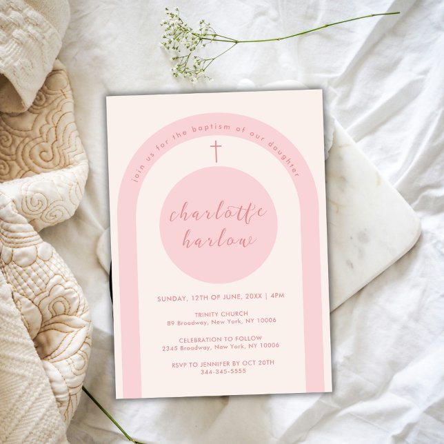 Pink Modern Boho Arch Cross Girl Baptism Invitation (Pink Modern Boho Arch Cross Girl Baptism Invitation)