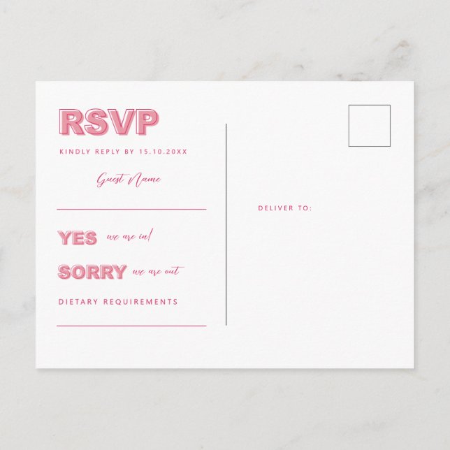 Pink Modern Bold Type Text RSVP Reply Card (Back)