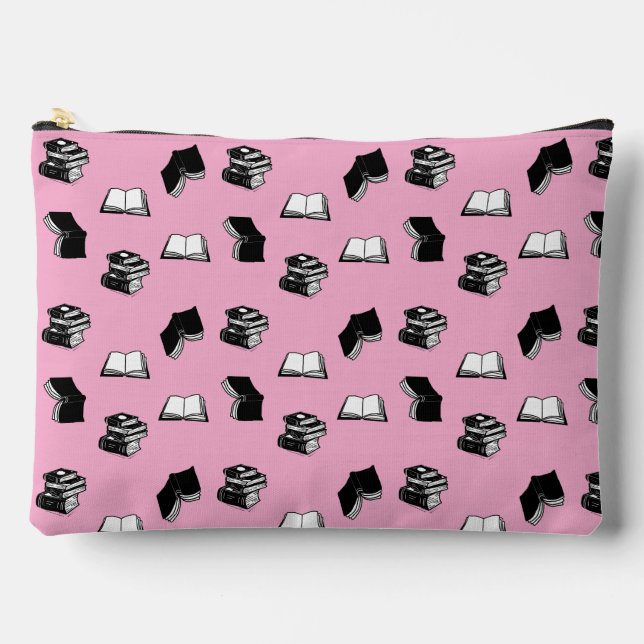 Pink Modern Bookish Bibliophile Book Pattern Accessory Pouch (Front)