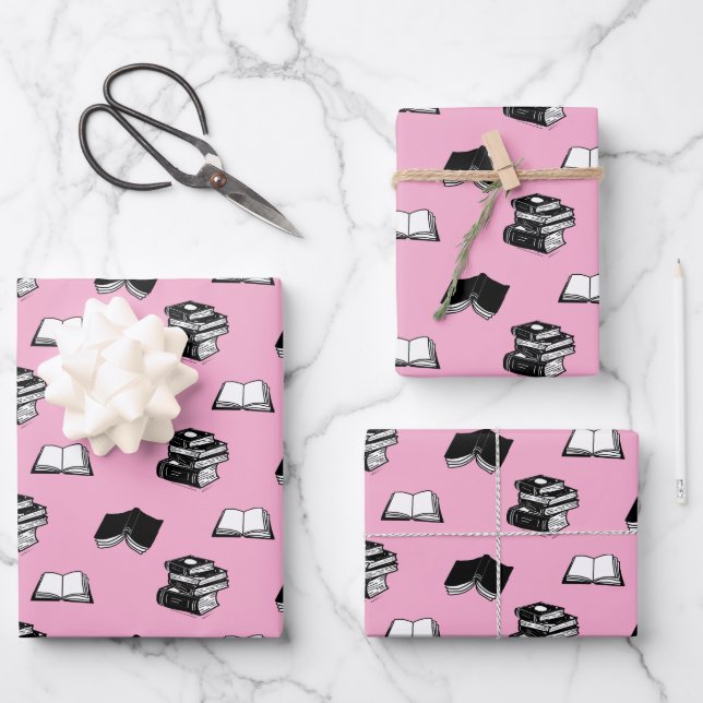Pink Modern Bookish Bibliophile Book Pattern Wrapping Paper Sheet (Front)