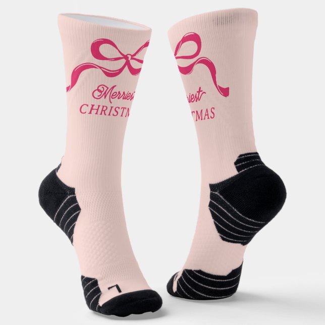 Pink Modern Bows Retro Christmas Holiday  Socks (Angled)
