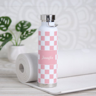 Pink Modern Chequerboard Pattern Personalized Water Bottle