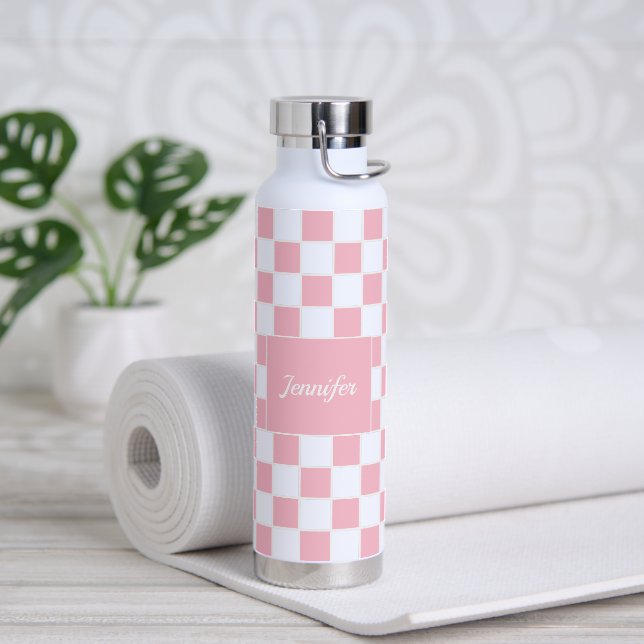 Pink Modern Chequerboard Pattern | Personalized Water Bottle (Yoga)