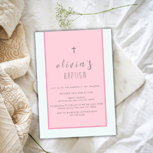 Pink Modern Cross Christening Girl Baptism Invitation