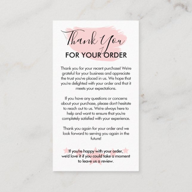 Pink Modern Customizable Logo Thank You for Order Business Card (Back)
