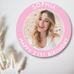 Pink Modern Cute Girl Happy 21st Birthday Photo Classic Round Sticker<br><div class="desc">Cute 21st Birthday Happy Birthday Photo stickers for your son or daughter's birthday party. They feature a cute customizable text and image. Perfect for invitations and party bag goodies.</div>