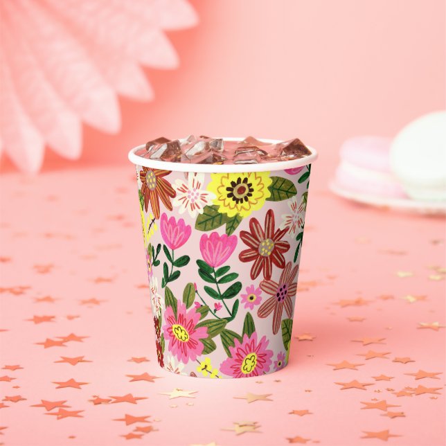 Pink modern daisy floral spring pattern paper cups (Insitu)