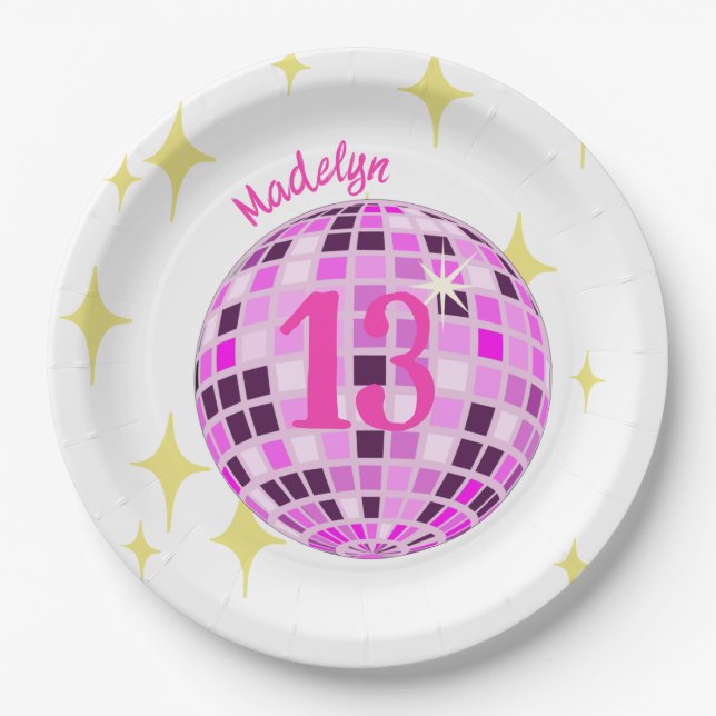 Pink Modern Disco Mirror Ball 13th Birthday Paper Plate (Front)