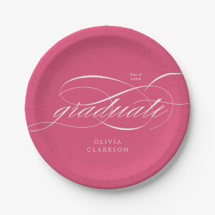Pink Modern Elegant Script Graduation Party Paper Plate