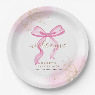 Pink Modern Elegant Watercolor Bow Baby Shower Paper Plate