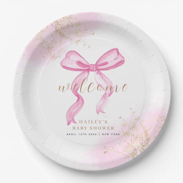 Pink Modern Elegant Watercolor Bow Baby Shower  Paper Plate (Front)