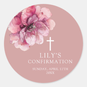 Pink Modern Elegant Watercolor Floral Confirmation Classic Round Sticker