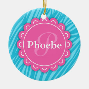 Pink Modern Flower Monogram Aqua Blue Zebra Print Ceramic Ornament