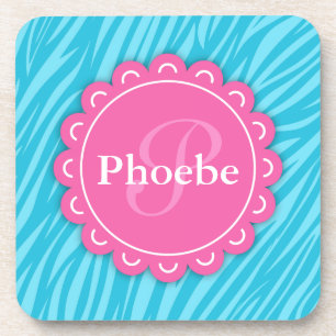 Pink Modern Flower Monogram Aqua Blue Zebra Print Coaster