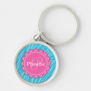 Pink Modern Flower Monogram Aqua Blue Zebra Print Keychain
