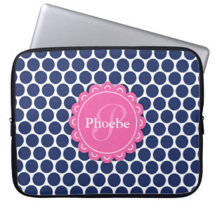 Pink Modern Flower Monogram Blue Polka Dot Pattern Laptop Sleeve