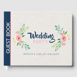 Pink modern flowers border craft paper texture guest book