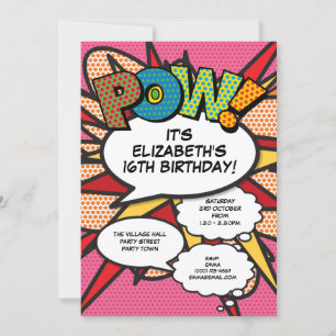 Pink Modern Fun Birthday Party Comic Book Any Age Invitation