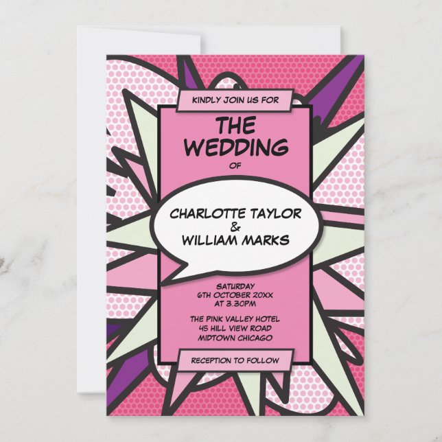 Pink Modern Fun Designer Comic Wedding Invitation (Front)