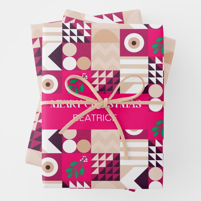 Pink Modern Geometric Christmas Named Wrapping Paper Sheet (In situ)