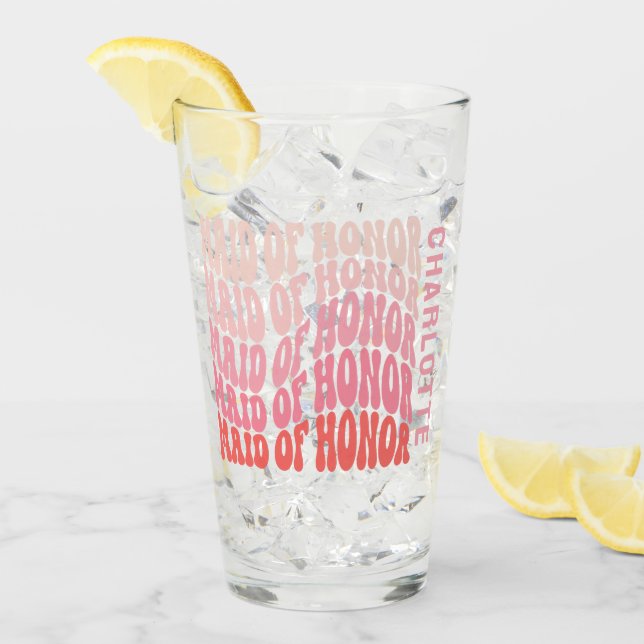 Pink modern girly retro 60's simple maid of honour glass (Front Ice)