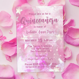 Pink Modern Glam Gleaming Starry Quinceañera Invitation