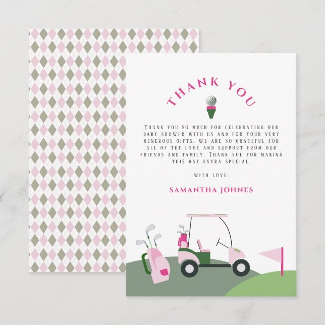 Pink Modern Golf Baby Shower  Thank You Card (Front/Back)