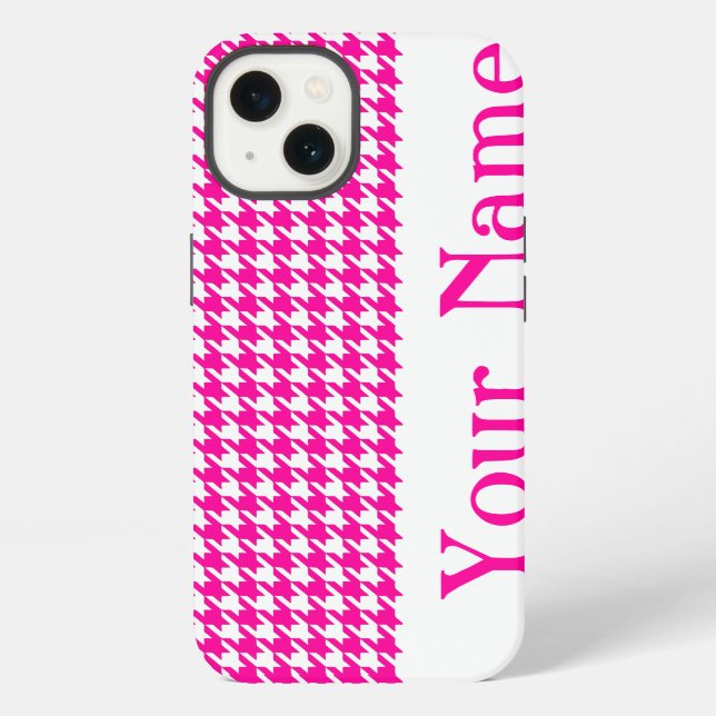 Pink Modern Houndstooth with name iPhone Case (Back)