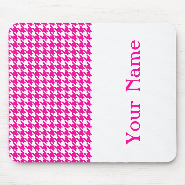 Pink Modern Houndstooth with name Mouse Pad (Front)