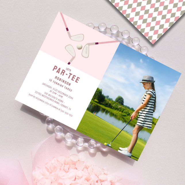 Pink Modern Let's Par-tee golf birthday Photo Invitation (Creator Uploaded)