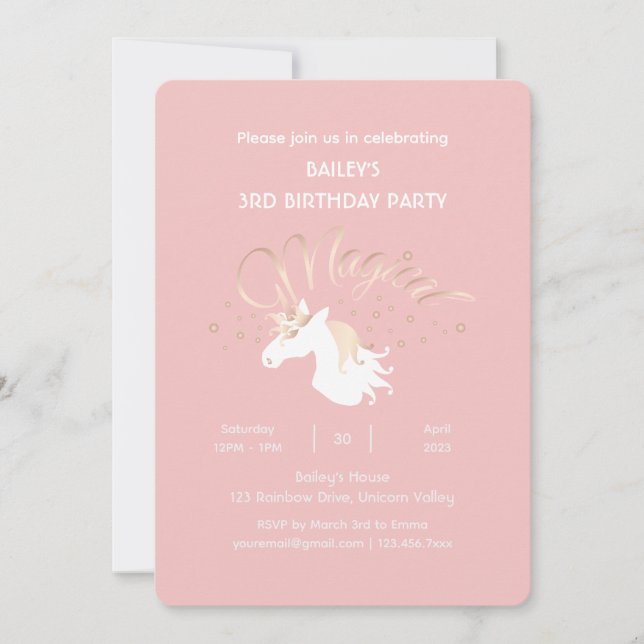 Pink Modern Magical Unicorn Kids Birthday Party Invitation (Front)