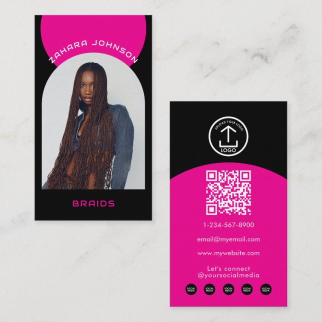 Pink Modern Makeup Hair Arch Photo QR Code Logo Business Card (Front/Back)