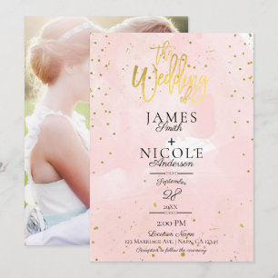 Pink Modern Minimal Gold Foil Full Photo Wedding Invitation