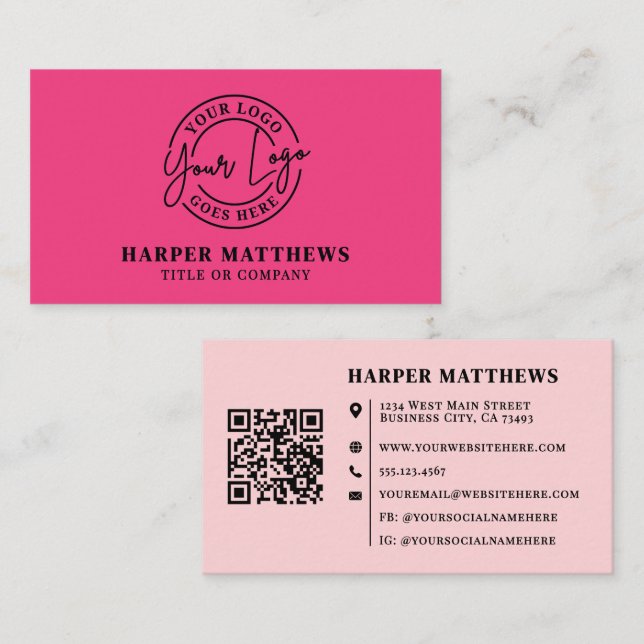 Pink Modern Minimalist Logo QR Code Business Card (Front/Back)