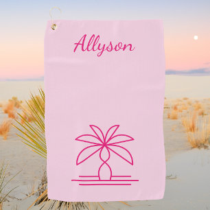 Pink Modern Minimalist Palm Tree Personalized Golf Towel