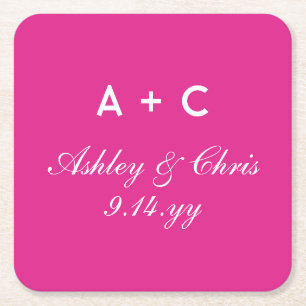 Pink Modern Personalized Wedding Reception Favour Square Paper Coaster