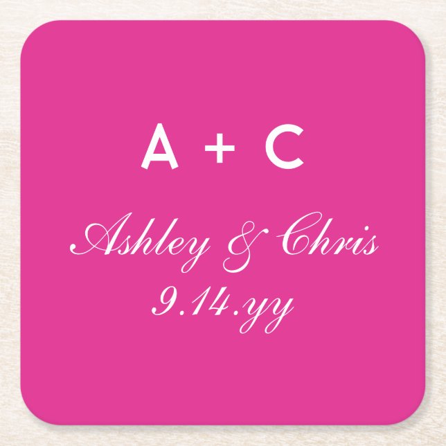 Pink Modern Personalized Wedding Reception Favour Square Paper Coaster (Front)