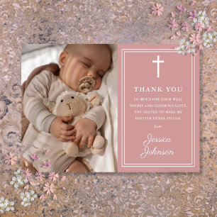 Pink Modern Photo Baptism Christening Thank You Card